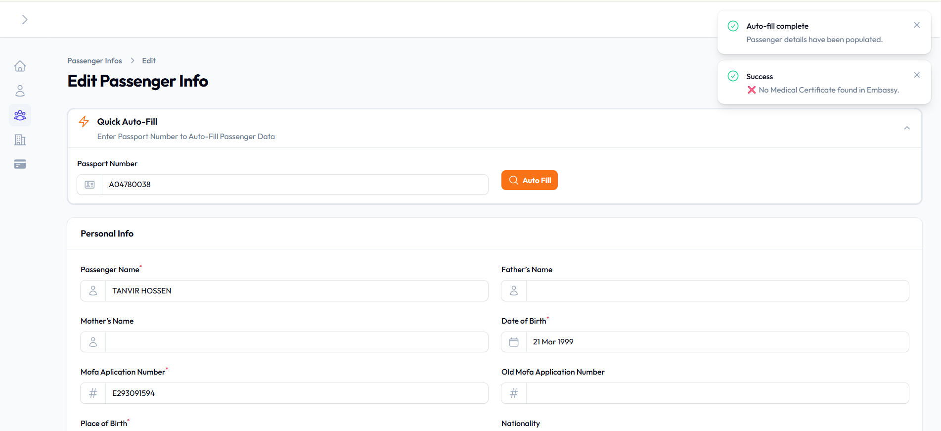 Passport auto-fill screen showing 12 fields populated automatically with medical certificate status